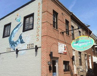 Barracudas Tavern outside image with large Barracuda Mural in Locust Point on Fort Avenue Baltimore MD