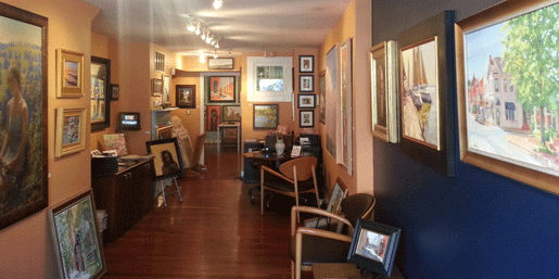 Crystal Moll Gallery - striking photo of inside the gallery with many beautiful fine art pieces and shining hardwood floor, Federal Hill Baltimore MD