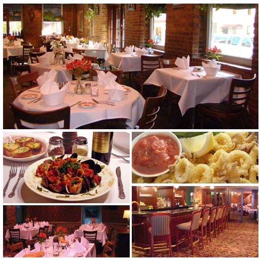 Chiapparelli's Italian Restaurant images: dining room with white table cloths and fresh flowers, banquet room with wine and fresh baked bread, delicious seafood special, homemade calamari, Italian Wine Bar, Little Italy, Baltimore, MD