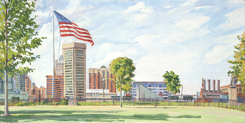 Crystal Moll Original Art Federal Hill Park with 1814 American flag flying and Baltimore skyline in background