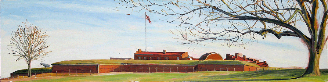 Crystal Moll Original Art Fort McHenry artistic view of National Park grounds, American flag, and cannon