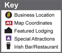 Key for our BHG Baltimore's New Vibrant Harbor East Map featuring icons for business locations, map coordinates, featured lodging, special attractions, and Irish bar/restaurant