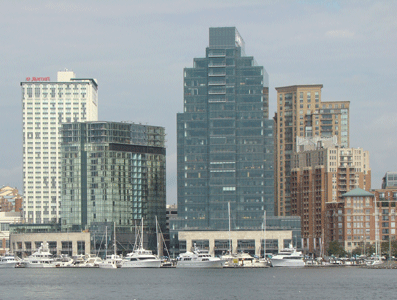  Harbor East Skyline Waterfront View of Baltimore Marriott Waterfront Hotel, Four Seasons Hotel, Legg Mason Building and Yachts at the Marina