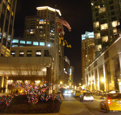 Baltimore's Harbor East Night View of Glowing Lights on Aliceanna Street at Christmas Time