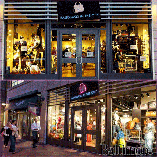Handbags in the City designer handbags & accessories, attractive storefront images, Aliceanna Street Harbor East Baltimore MD