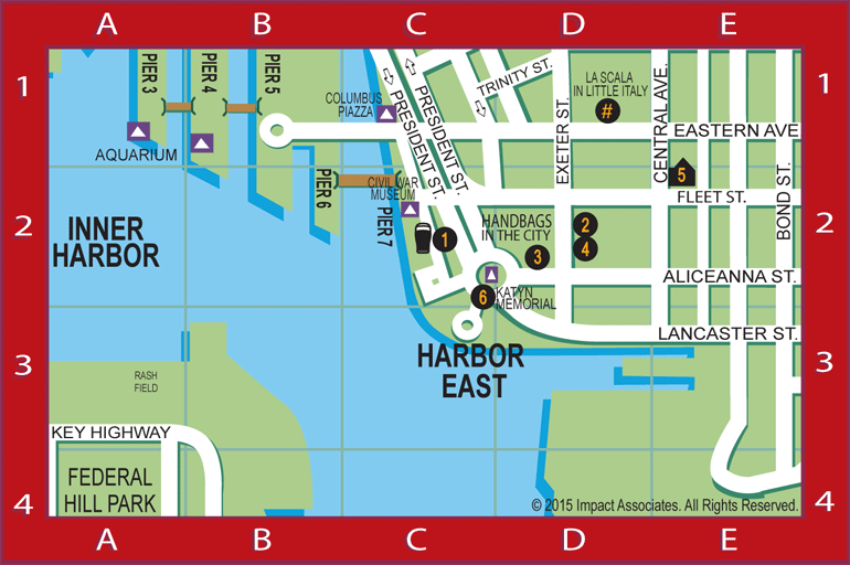 Baltimore Harbor Guide's Harbor East  Map featuring the locations of our BHG Local Favorites including restaurants, bars, shops - handbags and jewelry, hotel, Katyn Memorial