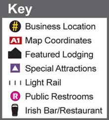 Key for our BHG Baltimore's Magnificent Inner Harbor Map featuring icons for business locations, map coordinates, featured lodging, special attractions, light rail, public restrooms, and Irish bar/restaurant