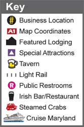 Key for our BHG Baltimore's Magnificent Inner Harbor Map featuring icons for business locations, map coordinates, featured lodging, special attractions, tavern, light rail, public restrooms, Irish bar/restaurant, steamed crabs, and Cruise Maryland