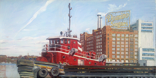 Crystal Moll Original Art "Sweet McAllister" tugboat on the harbor near Fell's Point with Domino Sugars sign and building in the background 