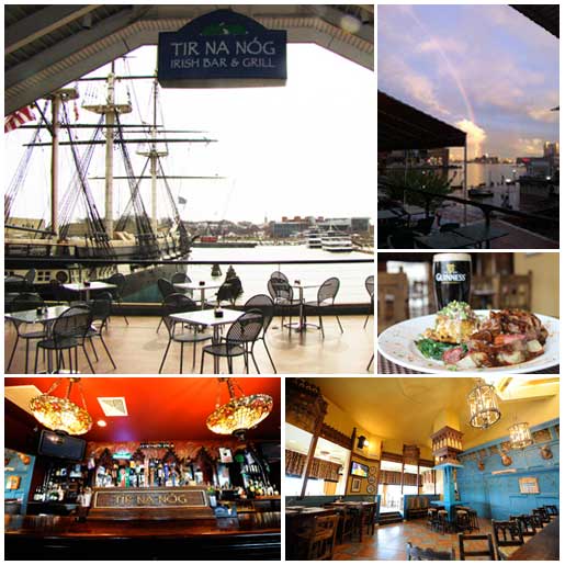 Tir na Nog Irish Bar &amp; Grill Outdoor Patio overlooking the Inner Harbor with lovely view of the USS Constellation, mouthwatering beef and potatoes served with a refreshing glass of Guinness, colorful organ dining room and Irish bar images, Harborplace, Baltimore MD
