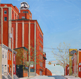 Crystal Moll Original Art "Mr. Boh" of historic National Bohemian Beer Brewery in Canton MD with famous Natty Boh sign on the roof