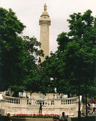 Washington Monument (the first memorial honoring George Washington) on historic Charles Street Mount Vernon Park Baltimore MD