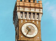 Image of Emerson Bromo-Seltzer Tower, a Baltimore landmark since 1911 with its still-functioning tower clock displaying BROMO-SELTZER in place of numbers located at Lombard & Eutaw streets, Baltimore, MD
